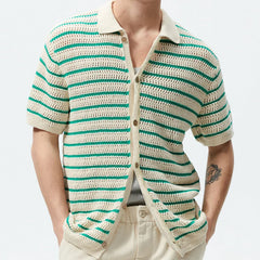 Men's Polo Shirt Light Luxury Knitted Clothing Popular Vintage Striped Short Sleeve Fashion Leisure Hollow Out Knitwear M-3XL voguable