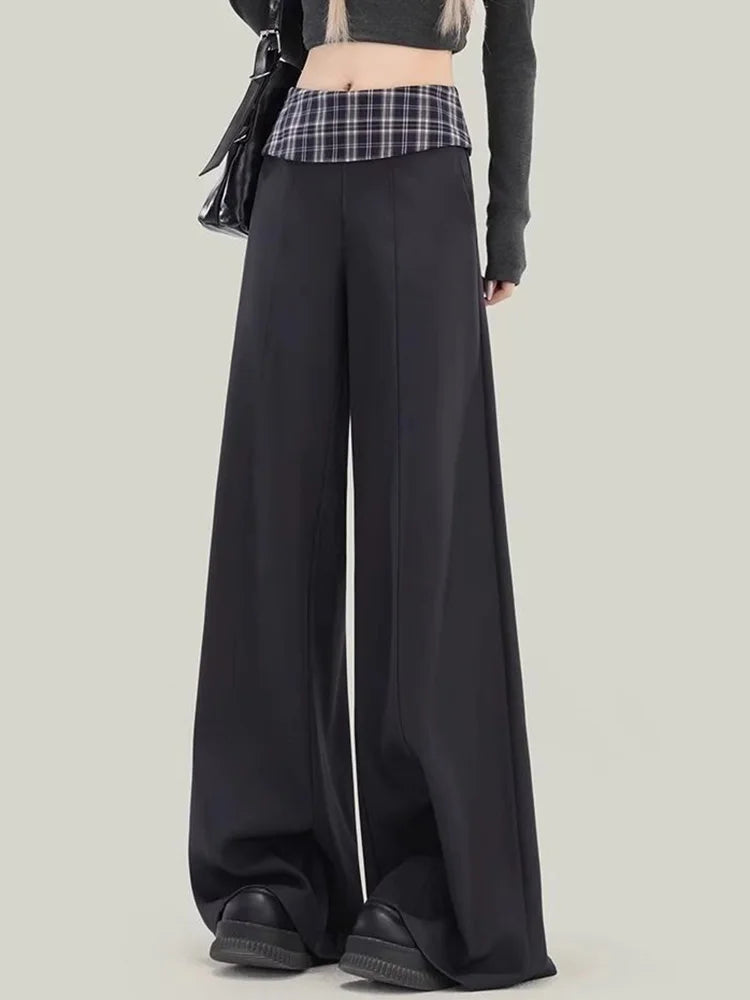 Plaid Patchwork Suit Pant Women Vintage Casual Korean High Waist Trouser Autumn Retro Loose Elegant Black Wide Leg Pant New voguable