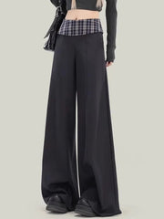 Plaid Patchwork Suit Pant Women Vintage Casual Korean High Waist Trouser Autumn Retro Loose Elegant Black Wide Leg Pant New voguable