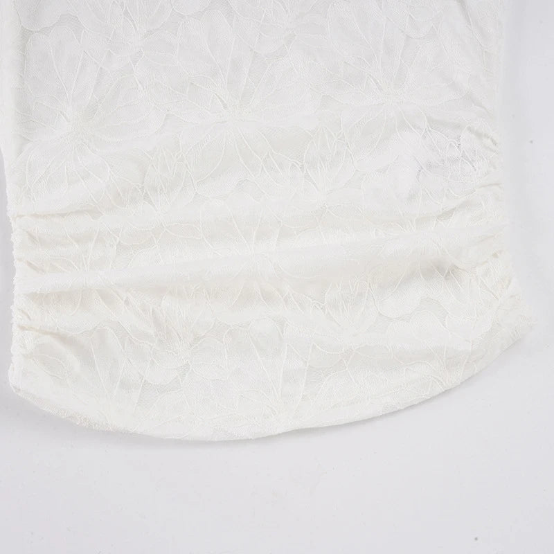 Voguable  Vintage Chinese Style Stand Collar Slanted Buttons Floral Lace White Hollow Out Sxy T-shirts for Lady Summer Evening Party Top voguable