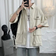 Voguable  Shirts for Men with Pocket Cargo Man Shirt Loose Korean Style Casual Asia Cool Hipster Original Half Sleeve Normal Collar I Xxl voguable