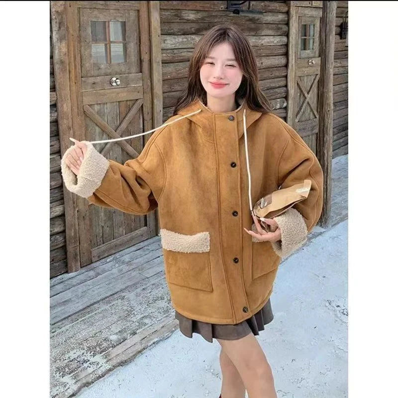 Y2K Streetwear Faux Lamb Suede Jacket Women Vintage Winter Long Sleeve Hooded Coat American Retro Loose Lady Pockets Warm Tops voguable