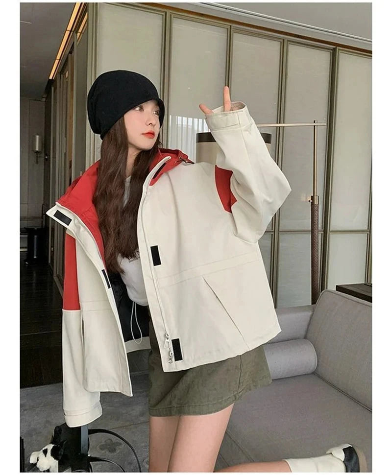 Vintage Patchwork Cargo Jacket Women Loose Preppy Style Long Sleeve Sweet Coat Casual Fall Female Retro All Match New Tops voguable