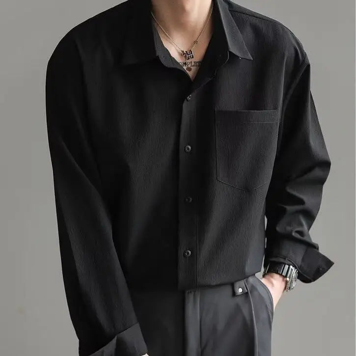 Elegant Fashion Harajuku Slim Fit Male Clothes Loose Casual All Match Outerwear Lapel Collar Solid Button Long Sleeve Jacket voguable