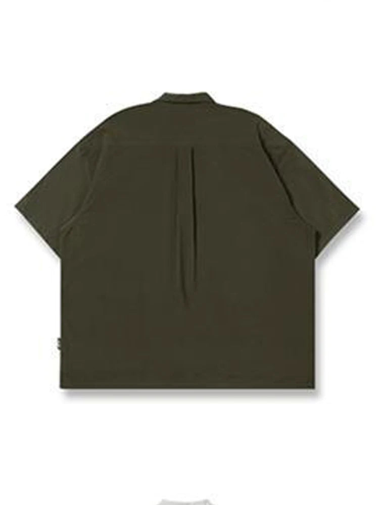 Voguable  Multi Pocket Lapel Shirt Loose Workwear Short Sleeve Button Blouse Men Women Vintage CityBoy Japan Premium Cargo Shirt voguable