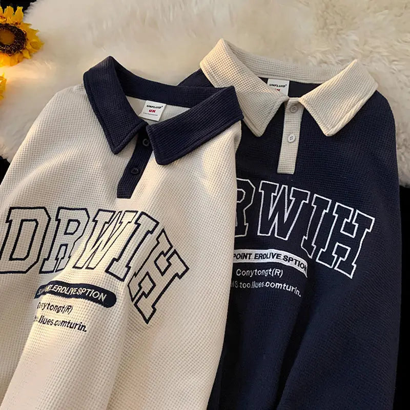Voguable Hip Hop Brand Letter Waffle Cotton POLO Shirt Sweatshirt Women Girls Loose Casual Winter Clothes Korean Fashion Pullover Student voguable