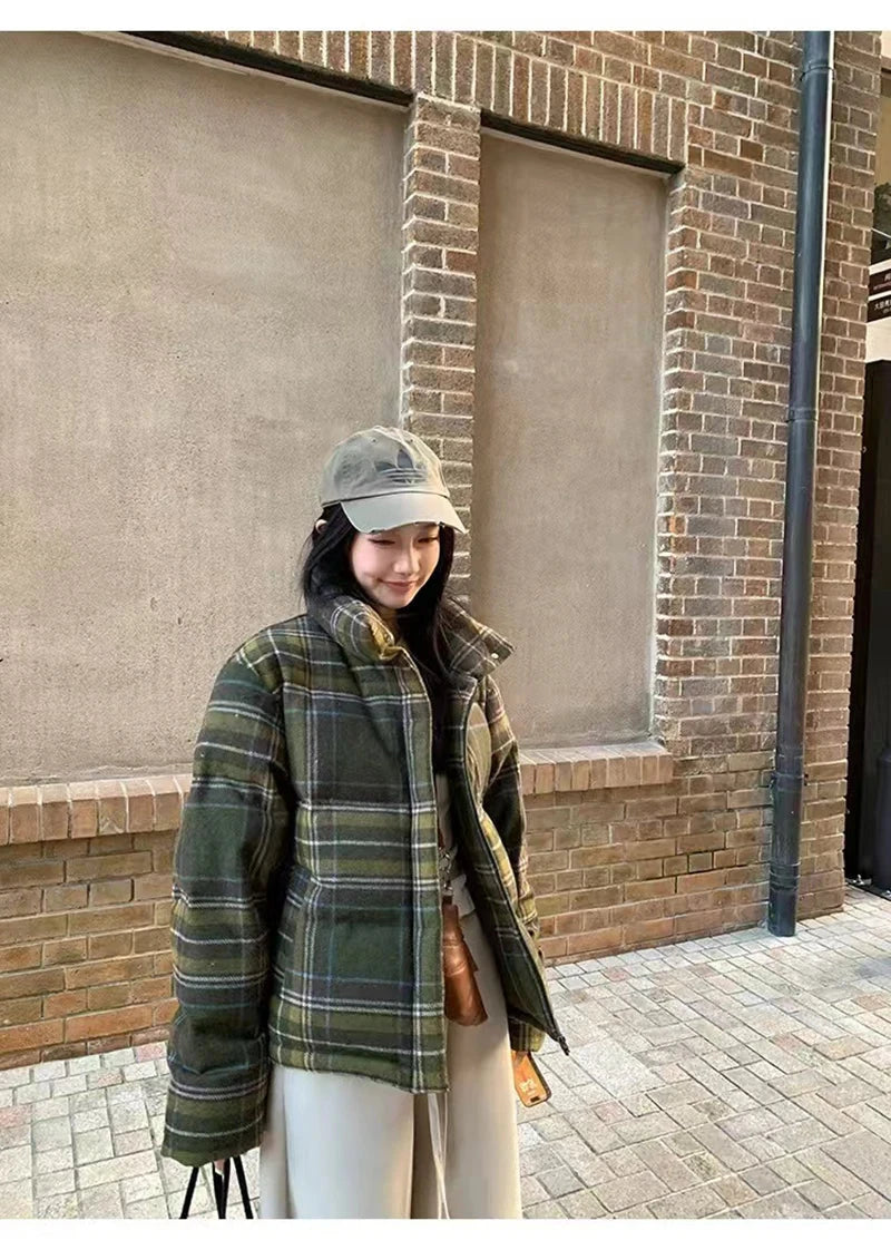 Retro Streetwear Y2K Plaid Parkas Women Winter Warm Thick Hip Hop Cotton Coat American Harajuku Stand Collar Bf Vintage Jacket voguable