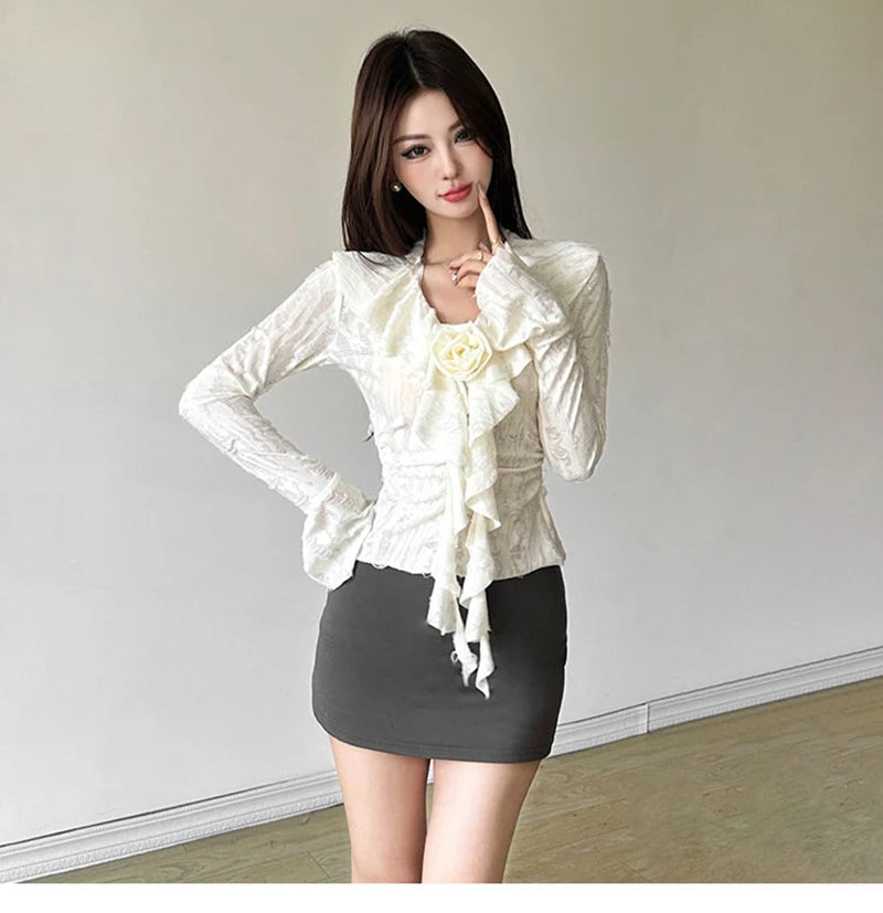 3D Floral Ruffles Y2K T Shirts Women Slim Long Sleeve Hole Gothic Tops Streetwear Harajuku Vintage Lady V Neck Design Tees voguable