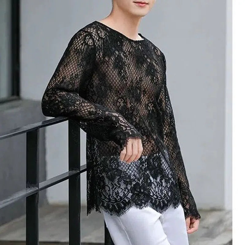 Voguable  Man Lace T-shirt New Hollow Long Sleeve Bottoming Shirt Fashion Casual High Street Solid Color Men's Wear voguable