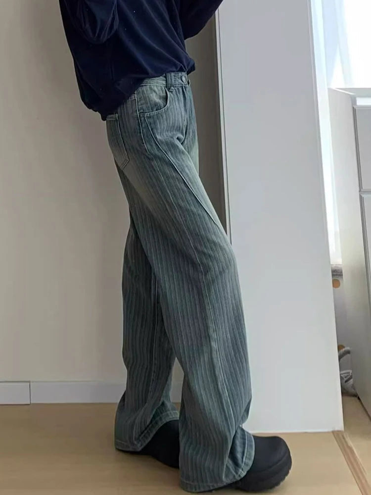 Women Streetwear Striped Jeans Vintage High Waist Design Y2K Denim Pant Casual American Hip Hop Harajuku Wide Leg Trousers Fall voguable