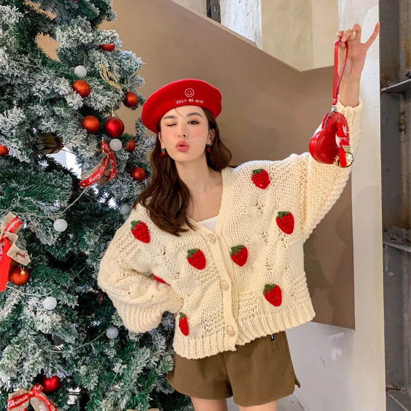 Autumn Winter Strawberry Knitting Women Cardigan Y2K Fashion Loose Long Sleeve Thicken Warm Sweater Korean Chic Preppy Sweater voguable