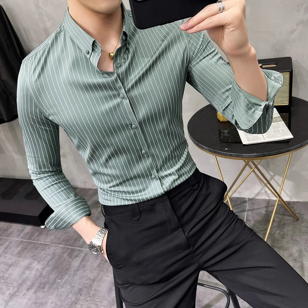 Striped Shirt Mens 2022 Spring New British Style Business Casual Long Sleeve Iron-Free Anti-Wrinkle Dress Shirt Mens Clothing voguable