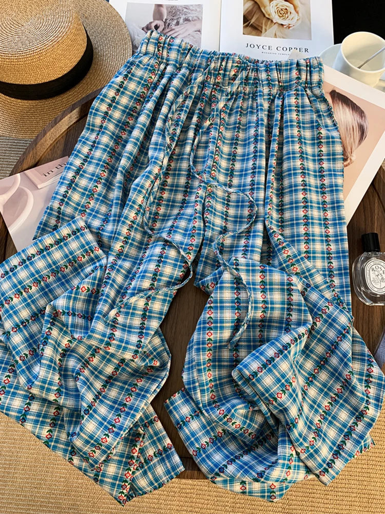 Floral Sweet Plaid Pant Women Vintage Loose High Waist Casual Straight Trousers Summer Retro Korean Female Wide Leg Pants voguable