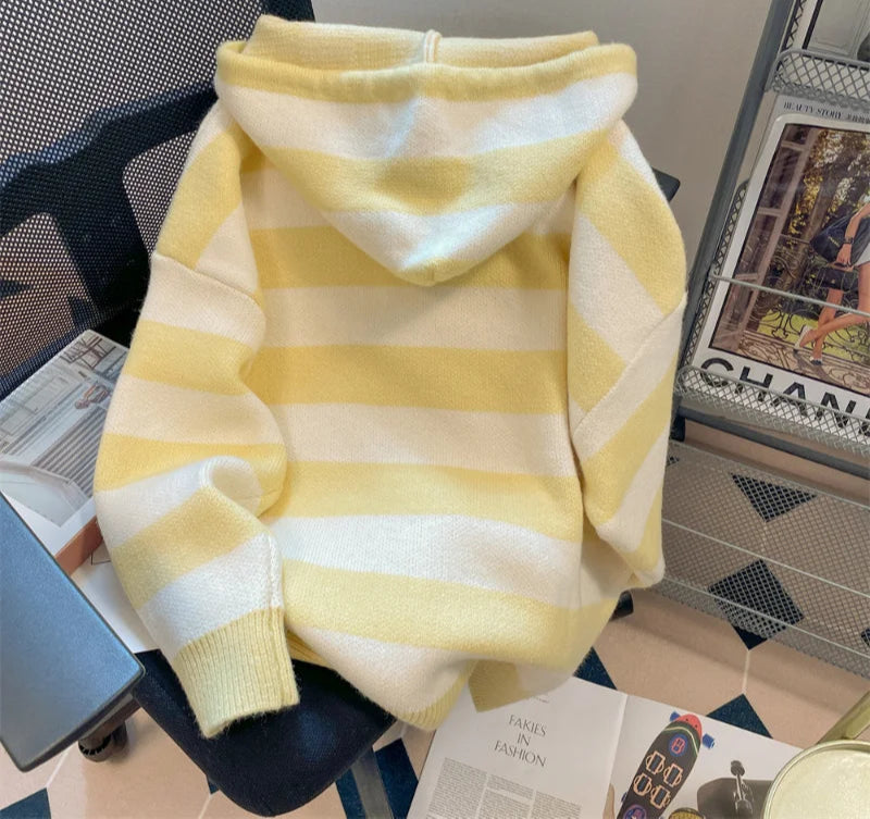 Spring Autumn Casual Cartoon Embroidery Striped Hooded Sweater Women Sweet Knitted Cardigan Coat Japanese Girls Loose Knitwear voguable