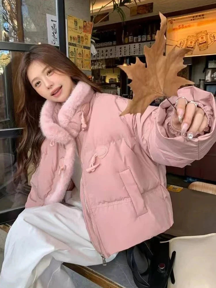 Winter Korean Pink Parkas Women Sweet Long Sleeve Warm Thick Cotton Coat Casual Stand Collar Preppy Style Lady Cute Jacket voguable
