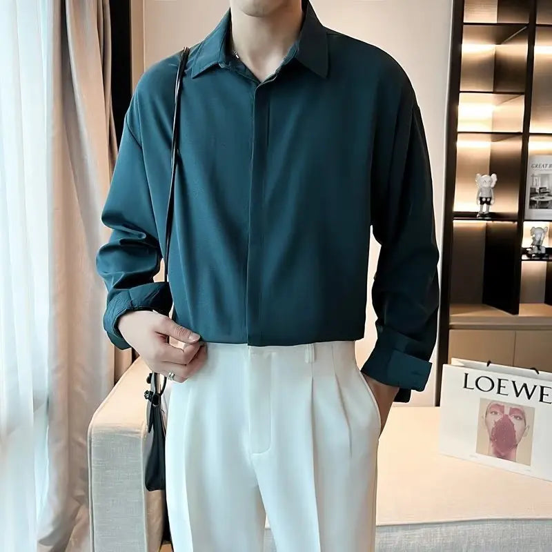New Long Sleeve Men Shirt Ice Silk No Iron Simple Lapel Hidden Button Business Casual Autumn Solid Color Men Dress Shirt voguable