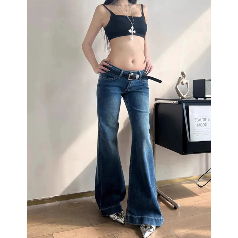 Voguable  Sexy Slim Fit Low Rise Jeans Women Y2K Street Style Straight Leg Flare Pants Woman American Vintage Dark Blue Denim Long Jeans voguable