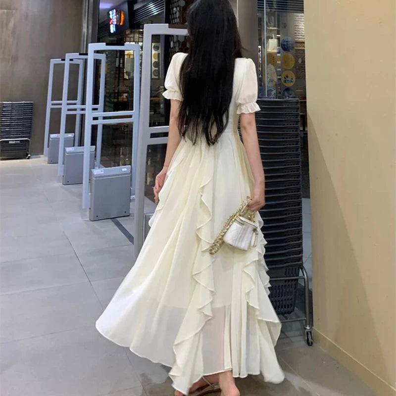Voguable  French Square Collar Ruffled Fairy Apricot Dress Women Summer Slimming Belly Covering Seaside Holiday Chiffon Long Dresses voguable