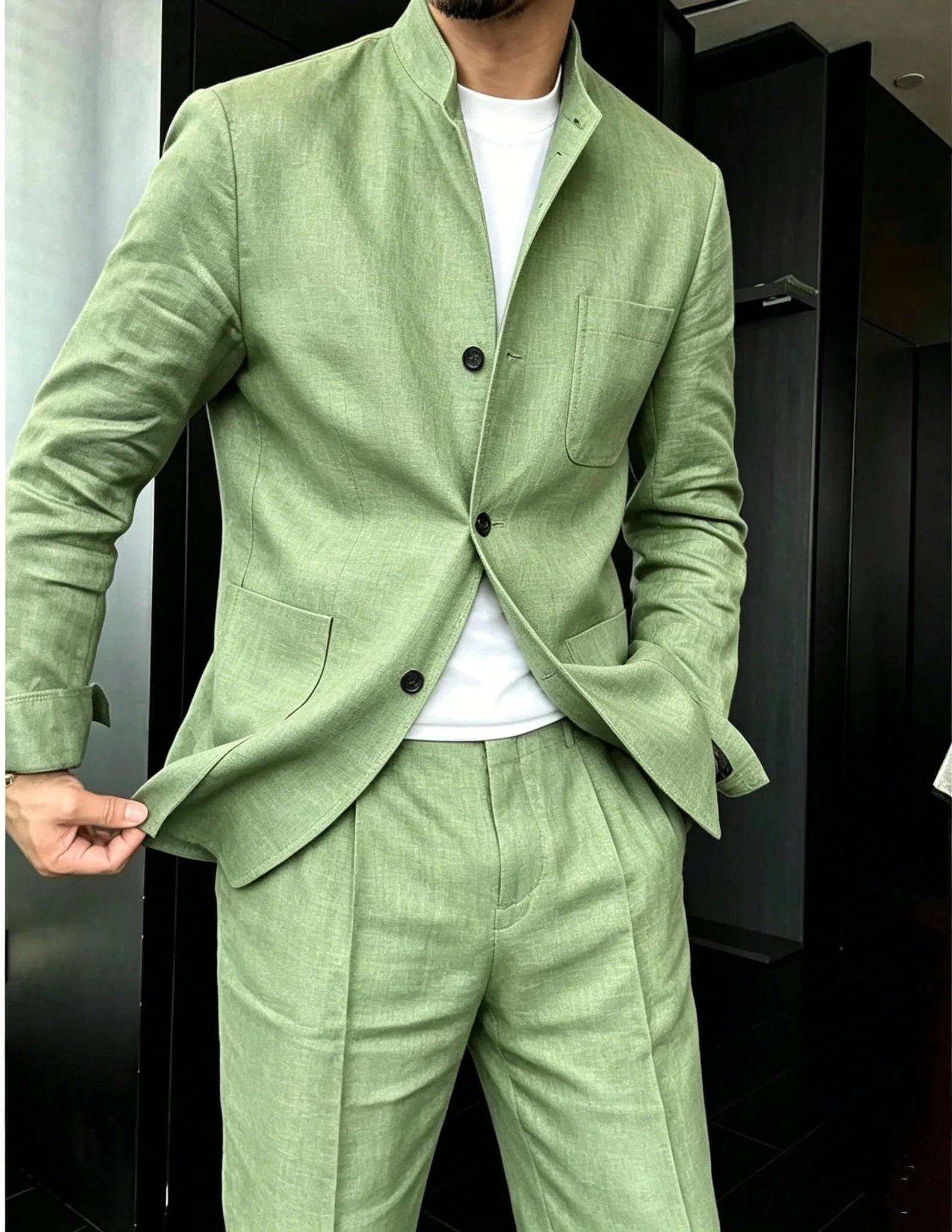 Voguable  Men's Linen Blend 2 Piece Suit Set Stand Collar Three Button Breathable Casual Blazer Pants For Business Daily Wear Summer voguable