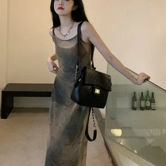 Voguable Tie-dye Gauze Suspender Dress Women 2024 Spring Korean Retro Strapless Mid-length Dress + Black Knitted Cardigan Two-piece Suit voguable