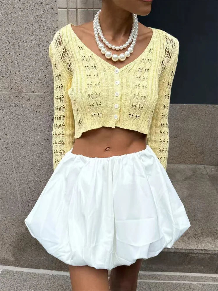 Knitwear Hollow Out Sweater Cardigan Women V-Neck Long Sleeve See-Through Cropped Top Summer Knit Patchwork Cardigan Top voguable