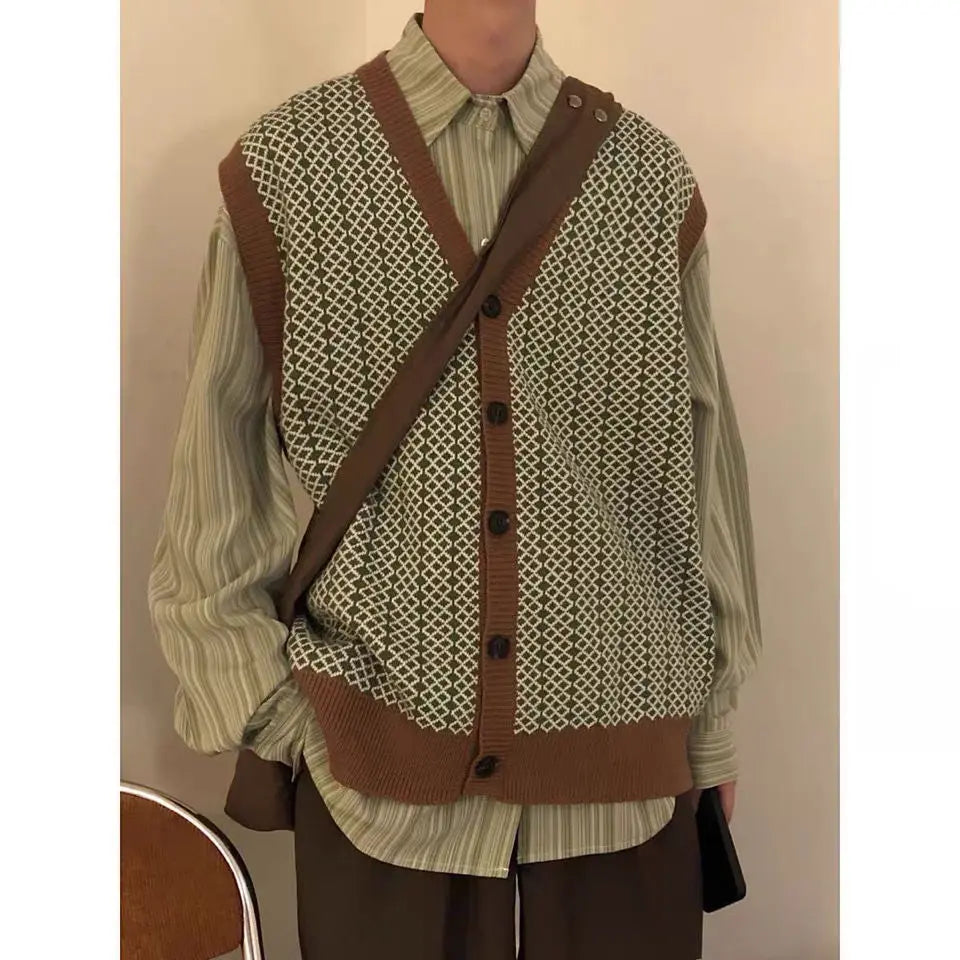 Voguable  Men's Loose Korean Style Trendy Versatile Retro Casual Knitted Cardigan Sweater Vest Japanese voguable