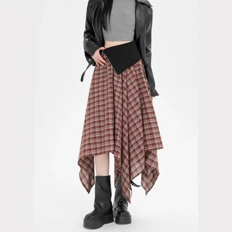 Y2K Streetwear Plaid Long Skirt Women High Waist Retro Hip Hop Irregular Skirt Fall Casual American Gothic Female Long Skirts voguable