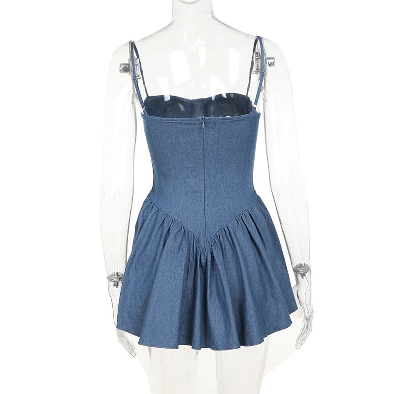 Voguable  Spaghetti Strap Imitation Jeans Sleeveless Female Vestido Low Waist Slash Neck New Fashion Femme A-line Pleated Sexy Dresses voguable