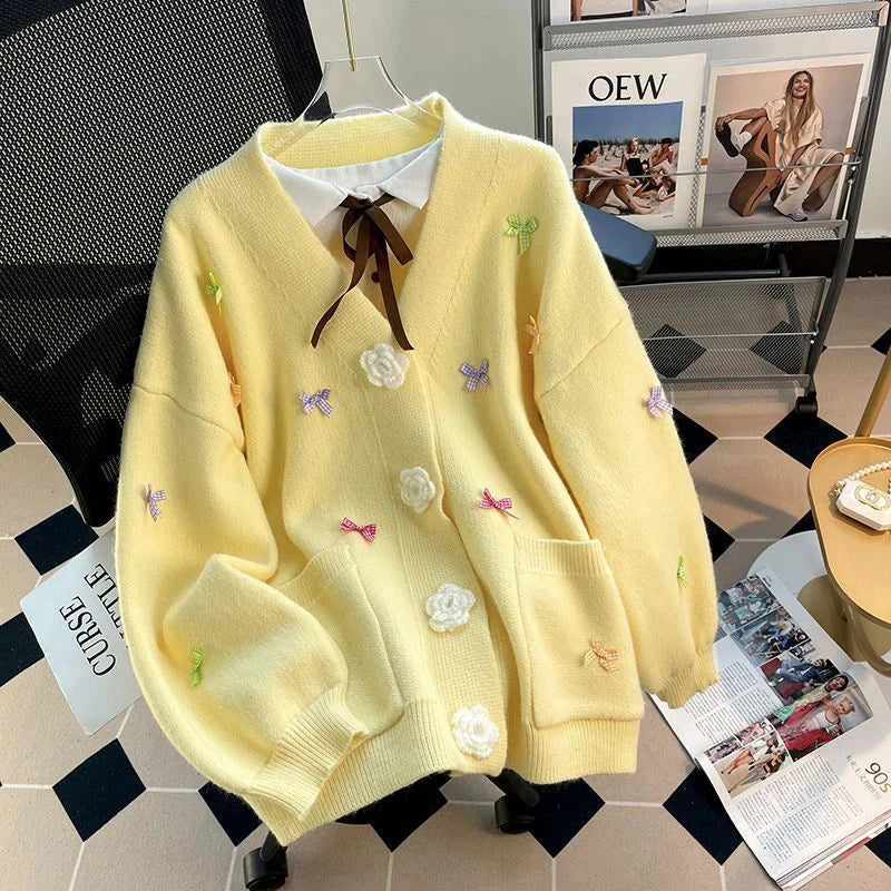 3D Floral Sweet Bow Cardigan Sweaters Women Preppy Style Loose V Neck Korean Knitted Jacket Casual Fashion Long Sleeve Fall Tops voguable