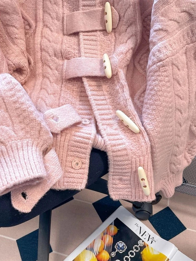 Preppy Style Sweet Pink Cardigan Sweaters Women Loose Long Sleeve Hooded Knitted Jacket Fall Winter Vintage Korean Cute Tops New voguable