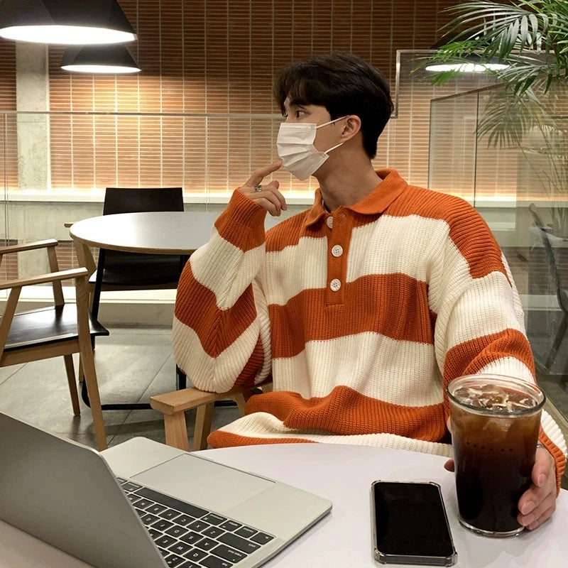 New Fashion Striped Men Polo Sweater Light Luxury Korean Popular Knitwear Premium Quality Long Sleeve Pullover Trendy Streetwear voguable