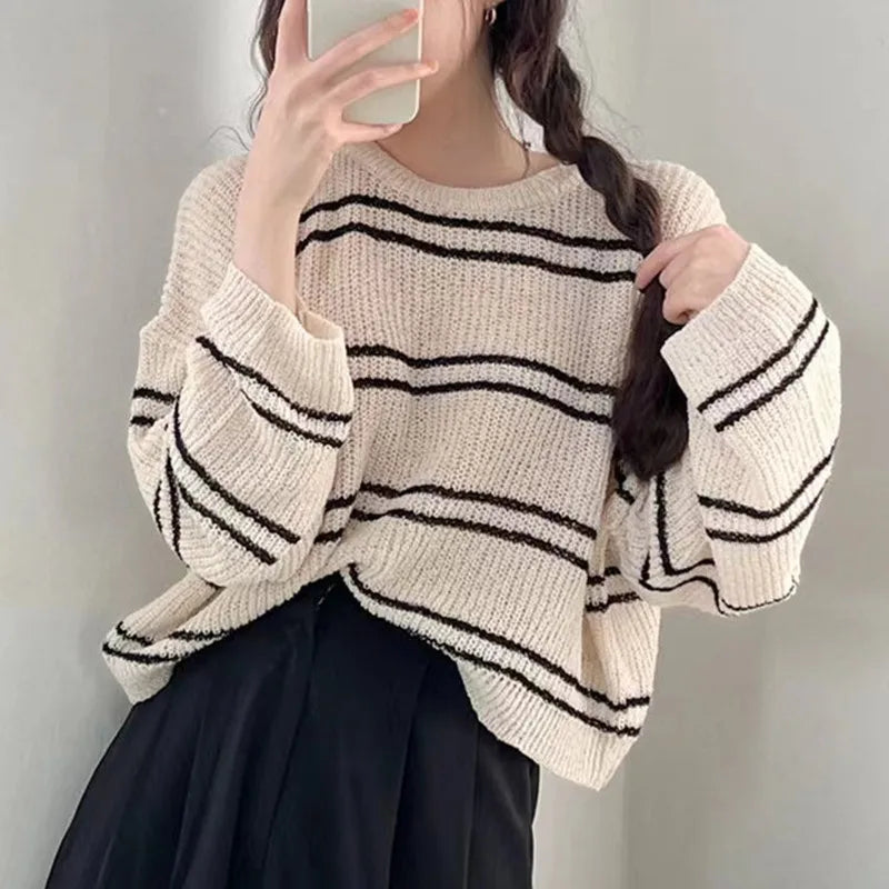 Pullover Women Striped Knit Sweater Comfy Lightweight Long Sleeve Crew Neck Jumper Female Teen-girl Casual Daily Outfit voguable