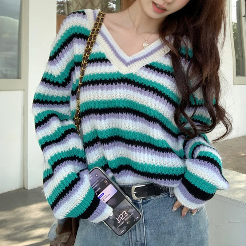 Multicolor Striped Pullover Women Sweater Soft Knitted V-Neck Long Sleeve Jumper Teen-girl Fall Winter 90s Y2K Outfit voguable