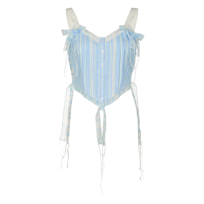Voguable Kawaii Lace Stitching V-neck Striped Irregular Crop Top Baby Blue Fairy Button-up Sleeveless Top Y2K Japanese Style Top voguable