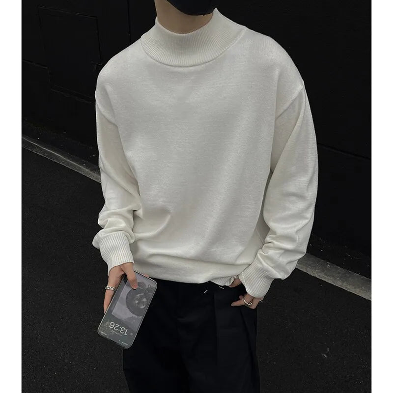 Men's Light Luxury Knit Mock Neck Sweater Autumn Winter Fashion Korean Long Sleeve Streetwear Leisure All-match Knitwear voguable