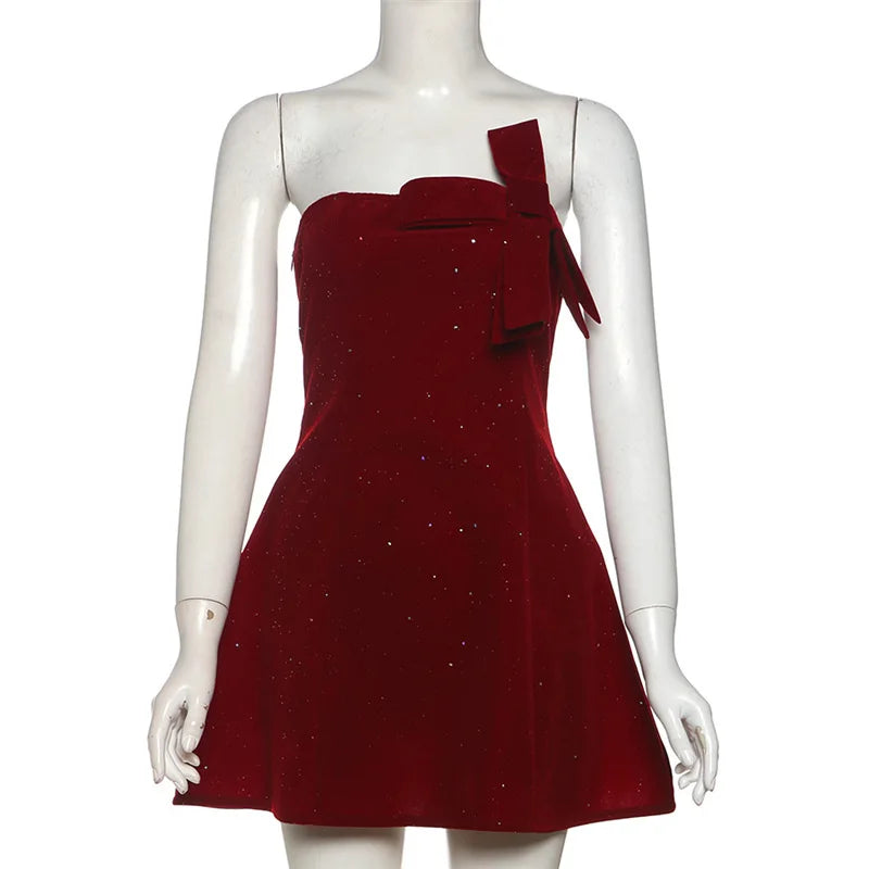 Trendix Sequins Tube Top Dress Ladies Fashion Bow Patchwork High Waist Sleeveless Mini Dress Party Sexy Off Shoulder Dress Women voguable