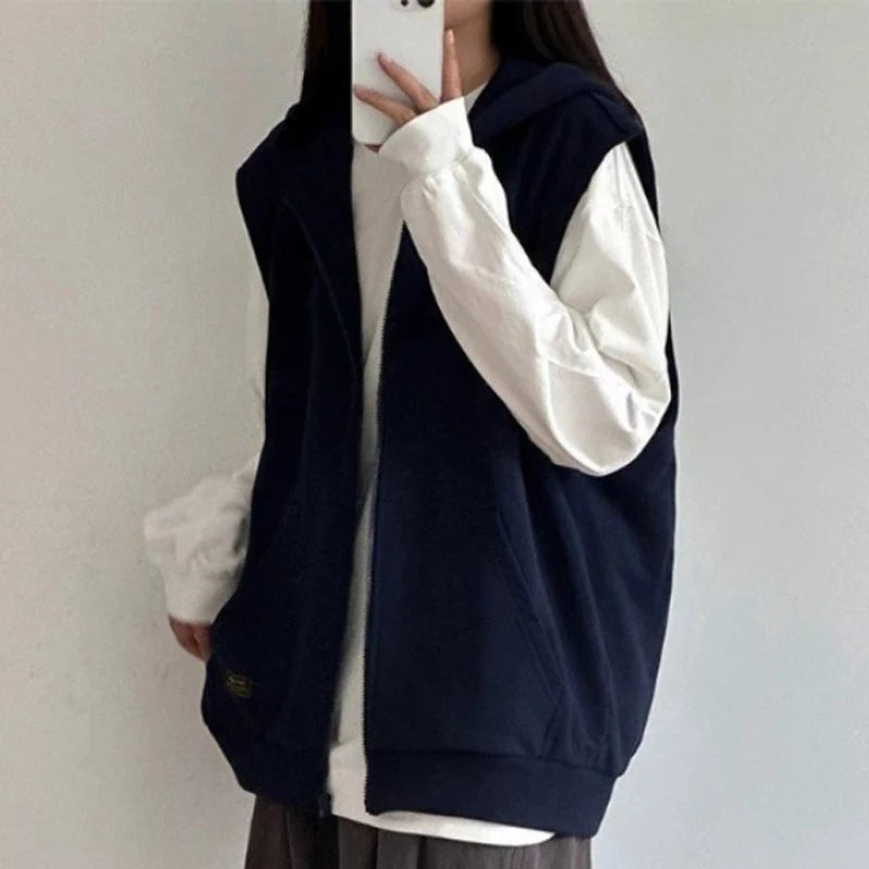 American Retro Sleeveless Hooded Zippered Cardigan Jacket for Women's Autumn Winter Hoodies Camisole Top Vest Jacket voguable