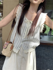 Striped Women Shirts Summer Lace Patchwork Loose Lace Up Casual Tops Korean Chic O Neck Sleeveless Button Blouse New voguable