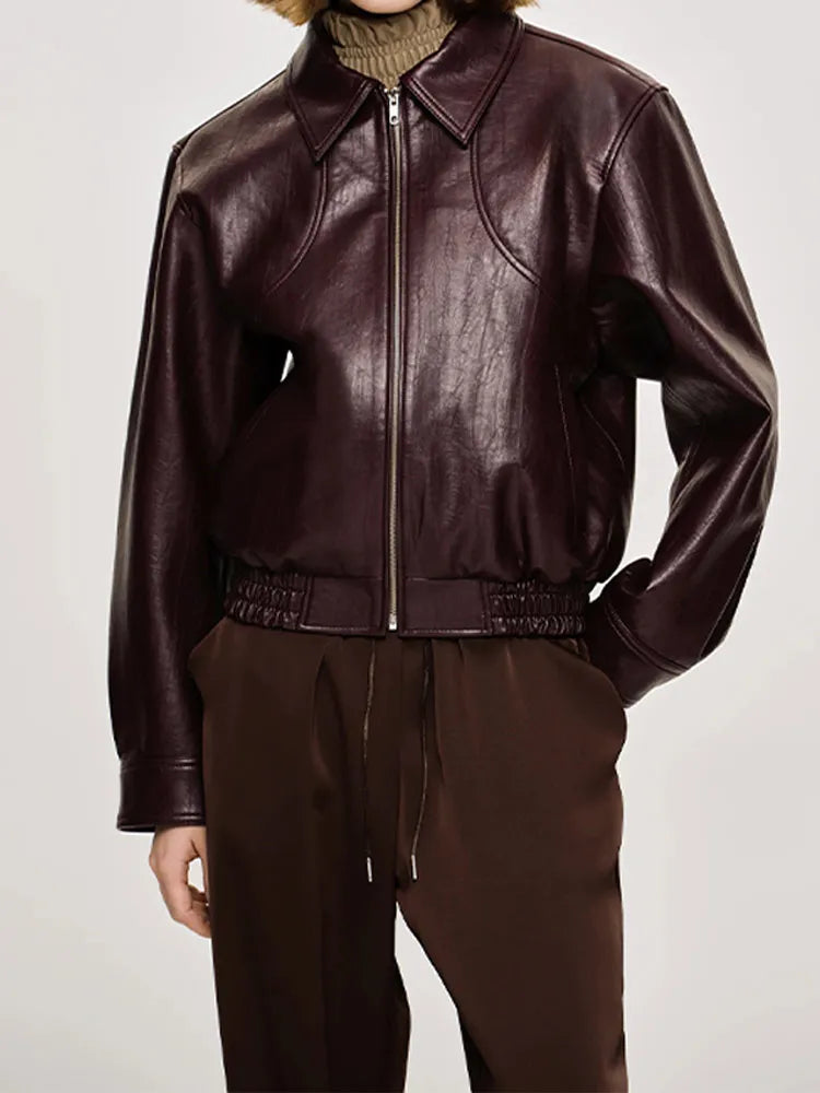 Vintage Solid Color Lapel Zipper Leather Jacket Casual Long Sleeved Elastic Short Women Coat Fall Commuting Street Outerwears voguable