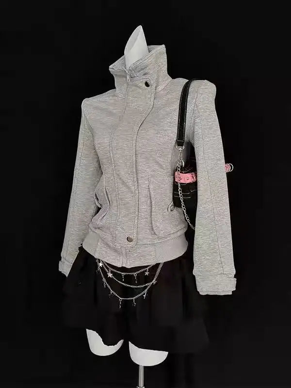 Voguable  Retro Subculture Harajuku Vintage Coats Hooded Women Zipper Sweatshirts Casual Streetwear Grunge Jacket Y2k Stand Neck New voguable