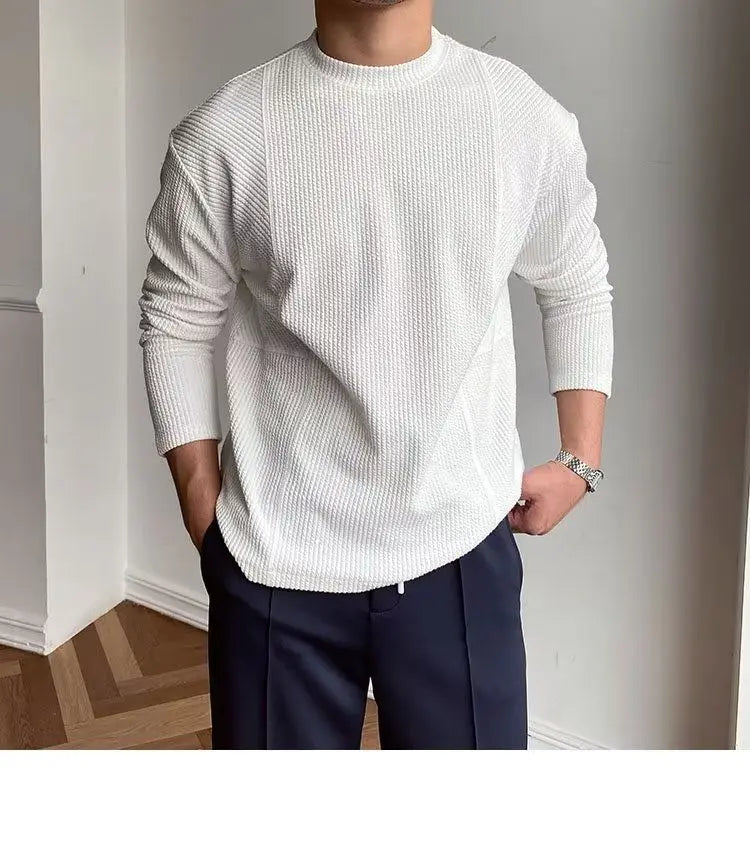 Voguable  Spring Autumn Casual Fashion Solid Loose T-shirt Man Long Sleeve All Match Korean Style Patchwork Pullover Tops Tee Male Clothes voguable