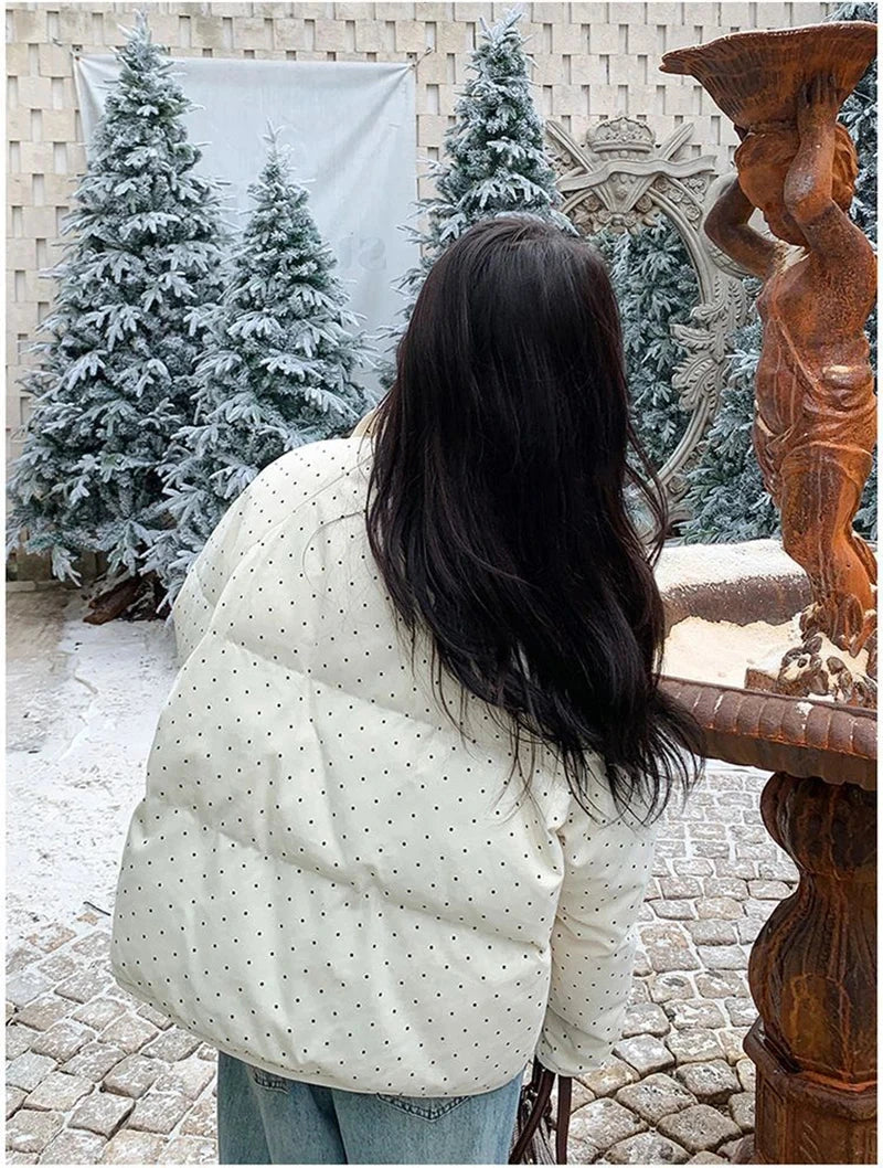 Dot Sweet Warm Parkas Women Long Sleeve Retro Winter Thick Cute Cotton Coat Casual Stand Collar Pockets Korean New Jacket voguable