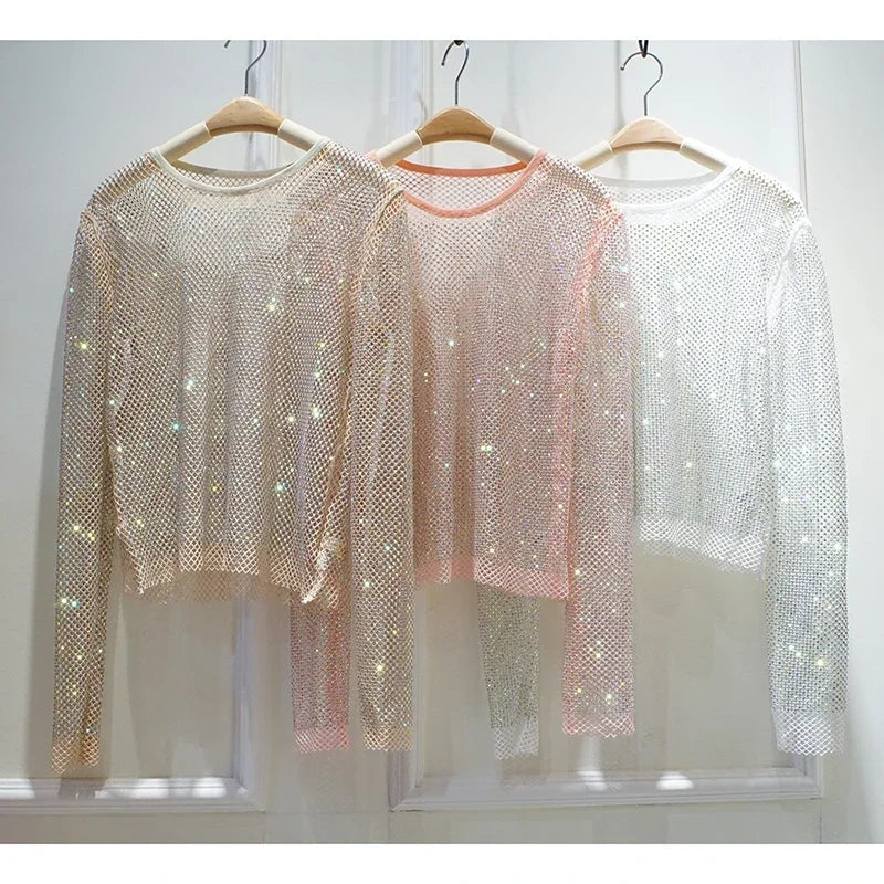 Voguable  Summer New Ladies Temperament Rhinestone Round Neck Long Sleeve Bright Starlight Hollow Shiny Bottoming Shirt Women's Top Trend voguable