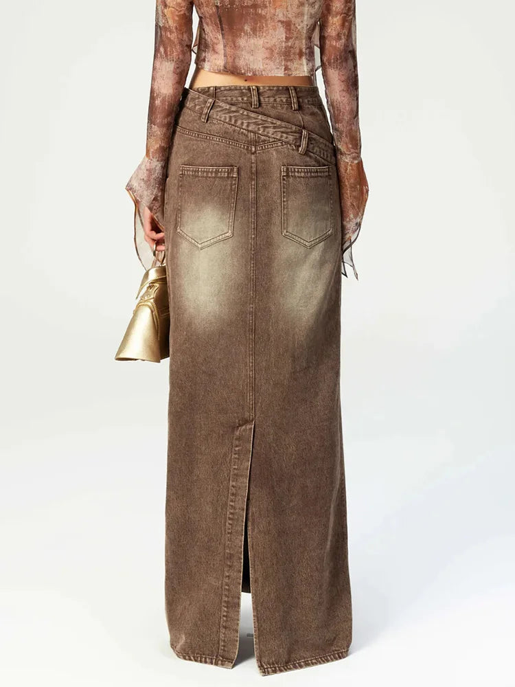 Voguable Tie Dye Denim Long Skirt Vintage Women Irregular Waist Straight Maxi Skirt Fashion femme Y2K Aesthetic Grunge Fairycore voguable