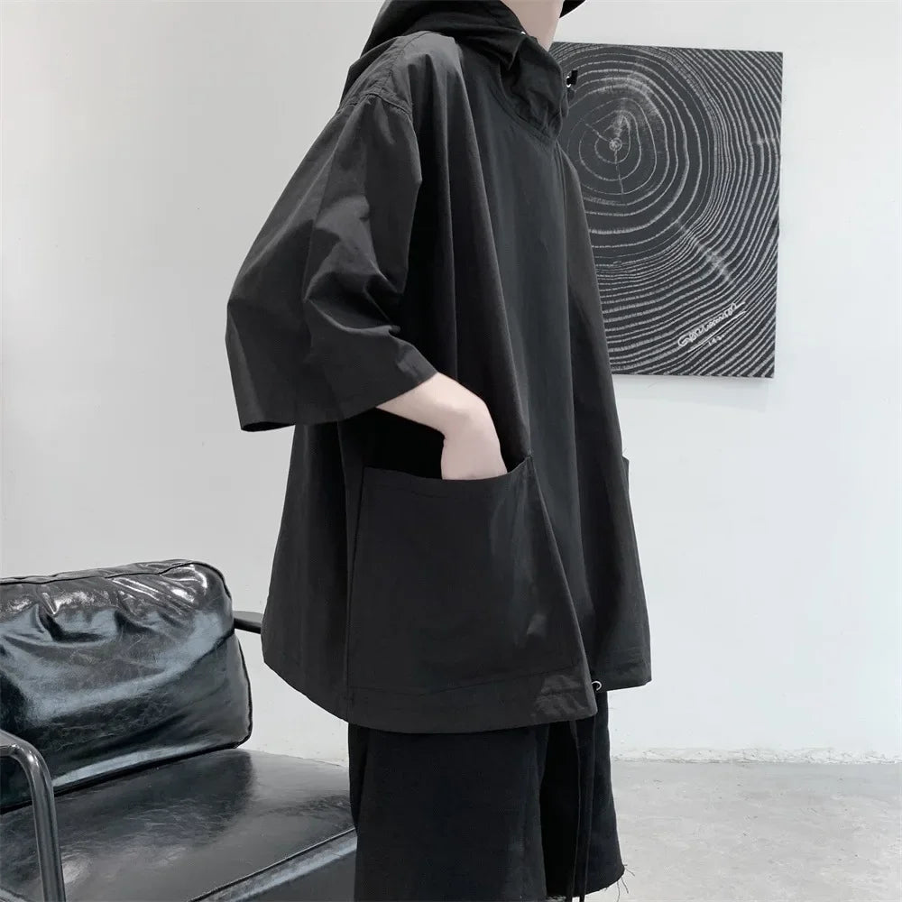 Voguable  Trendy Summer Hooded Sweatshirt Men's Harajuku Style Loose Fit Capucha Short Sleeves T-shirt Thin Jacket Five Minute Sleeves voguable