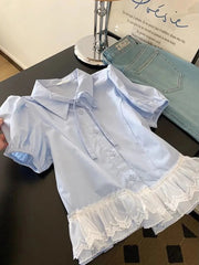 Casual Sweet Blue Shirt Women Cute Lace Patchwork Bow Blouse Vintage French Preppy Style Short Sleeve Elegant Kawaii Tops voguable