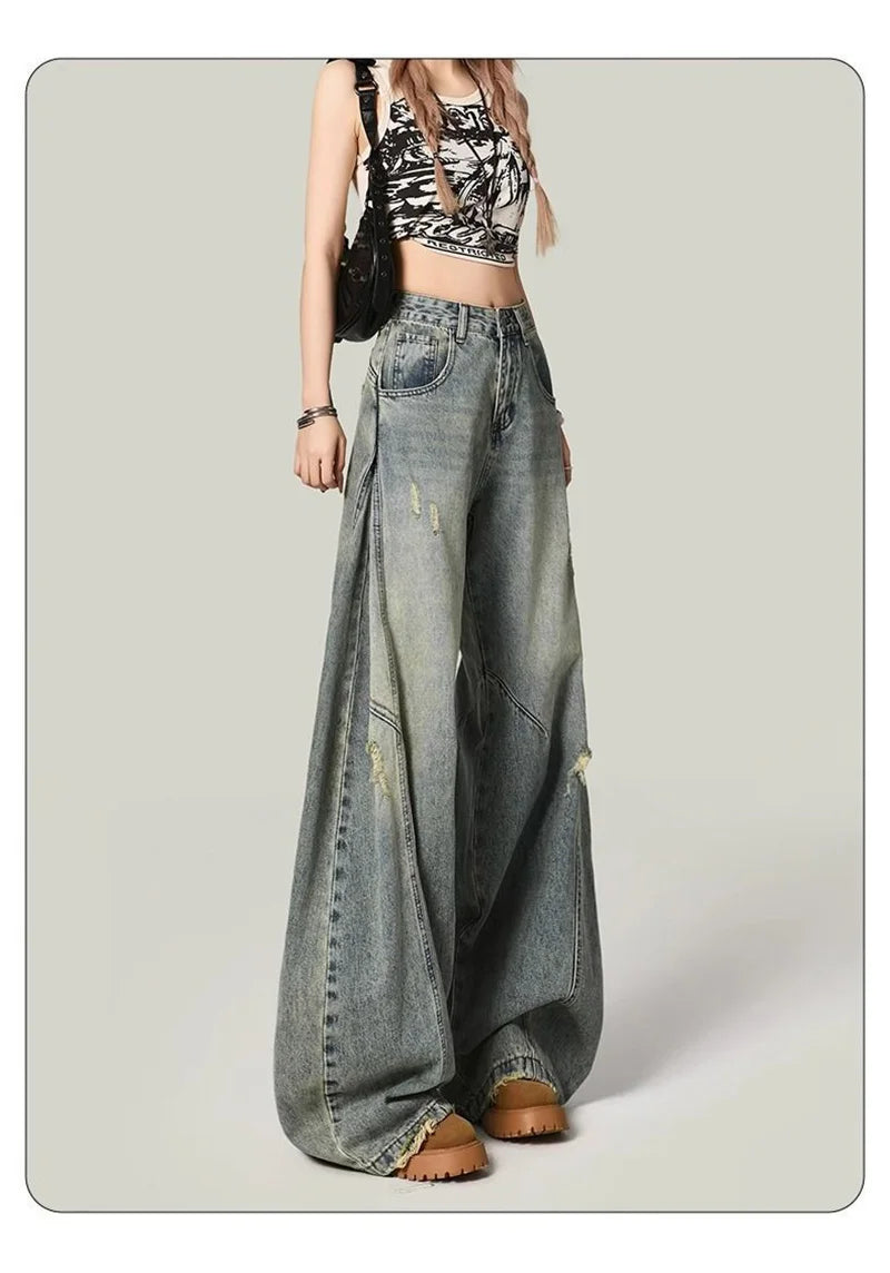 Women Y2K Hole Jeans Streetwear American Retro High Waist Loose Denim Pants Casual Hip Hop Vintage Pockets Lady Gothic Trousers voguable