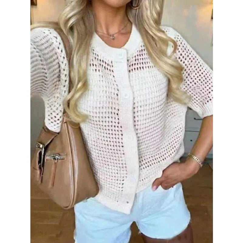 Voguable  Korean Fashion Hollowed Out Round Neck Casual Short Sleeved Cardigan Summer New Solid Color Elegant Women's Knitted Tops voguable