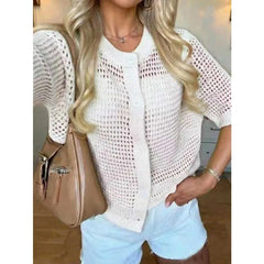 Voguable  Korean Fashion Hollowed Out Round Neck Casual Short Sleeved Cardigan Summer New Solid Color Elegant Women's Knitted Tops voguable