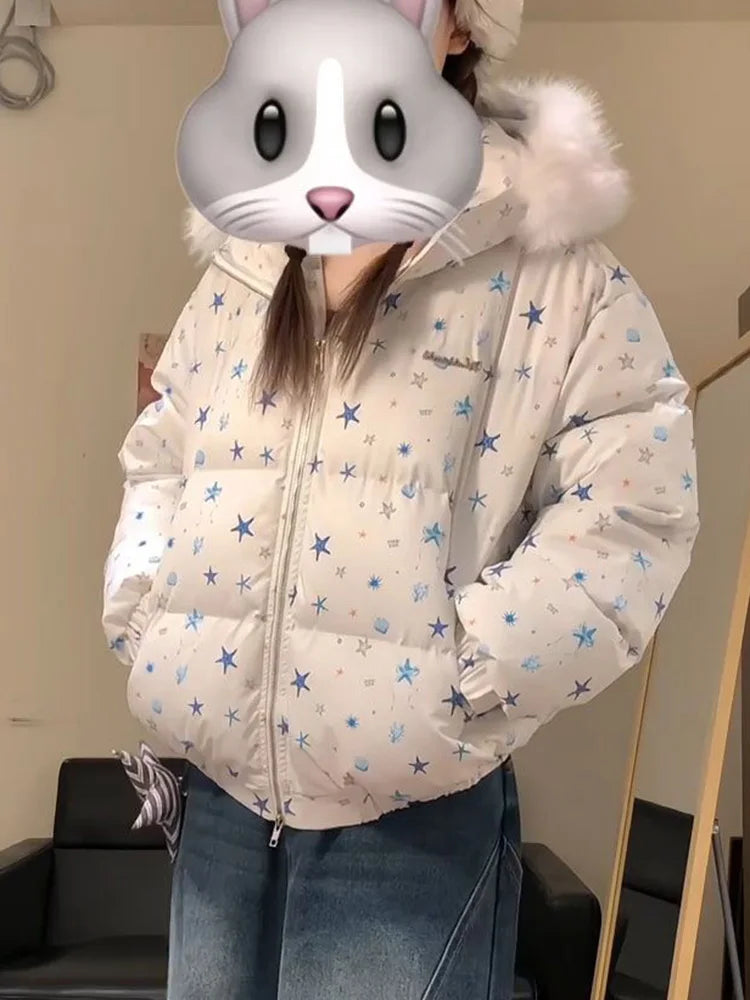 Women Winter Stars Sweet Parkas Fashion Hooded Warm Cute Puffy Coat Japan Long Sleeve Loose Female Preppy Style Chic Jacket New voguable